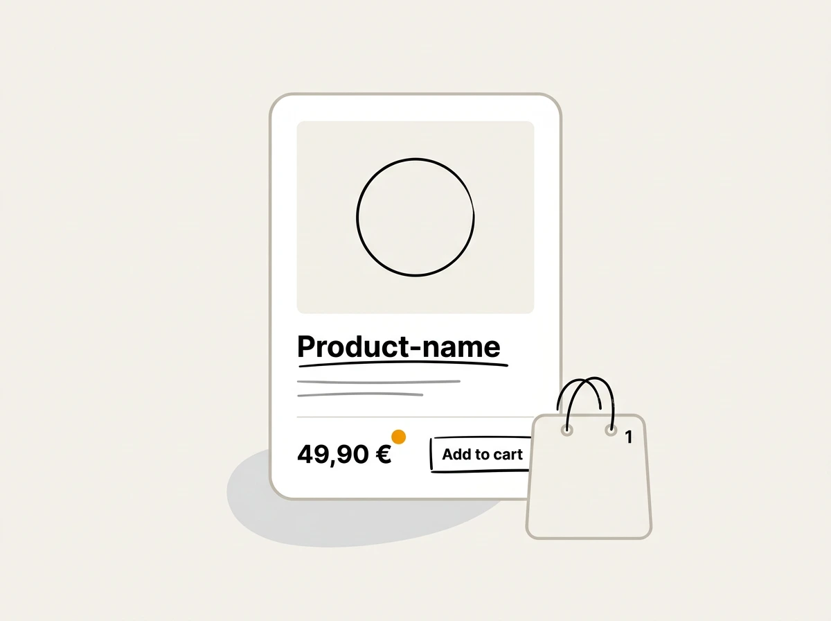 Illustration eines Onlineshop-Produkts mit Preis, Kaufen-Button und Einkaufstasche — Onlineshop-Entwicklung durch Cavess